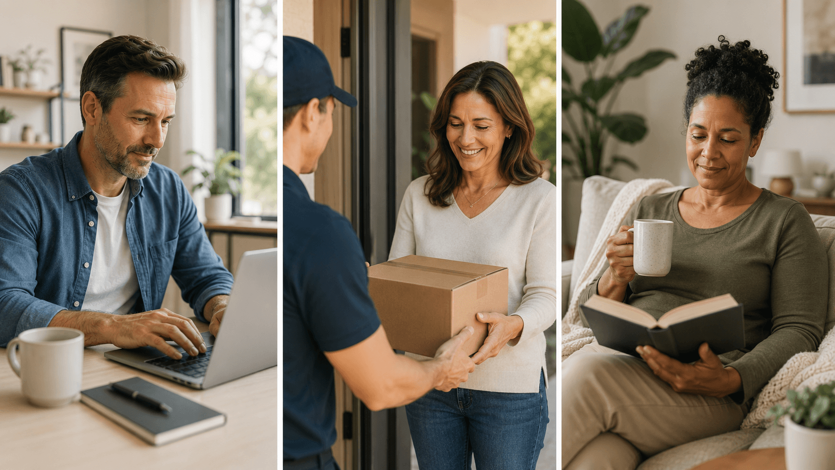 Person completing online intake, receiving a delivery, and relaxing at home during treatment